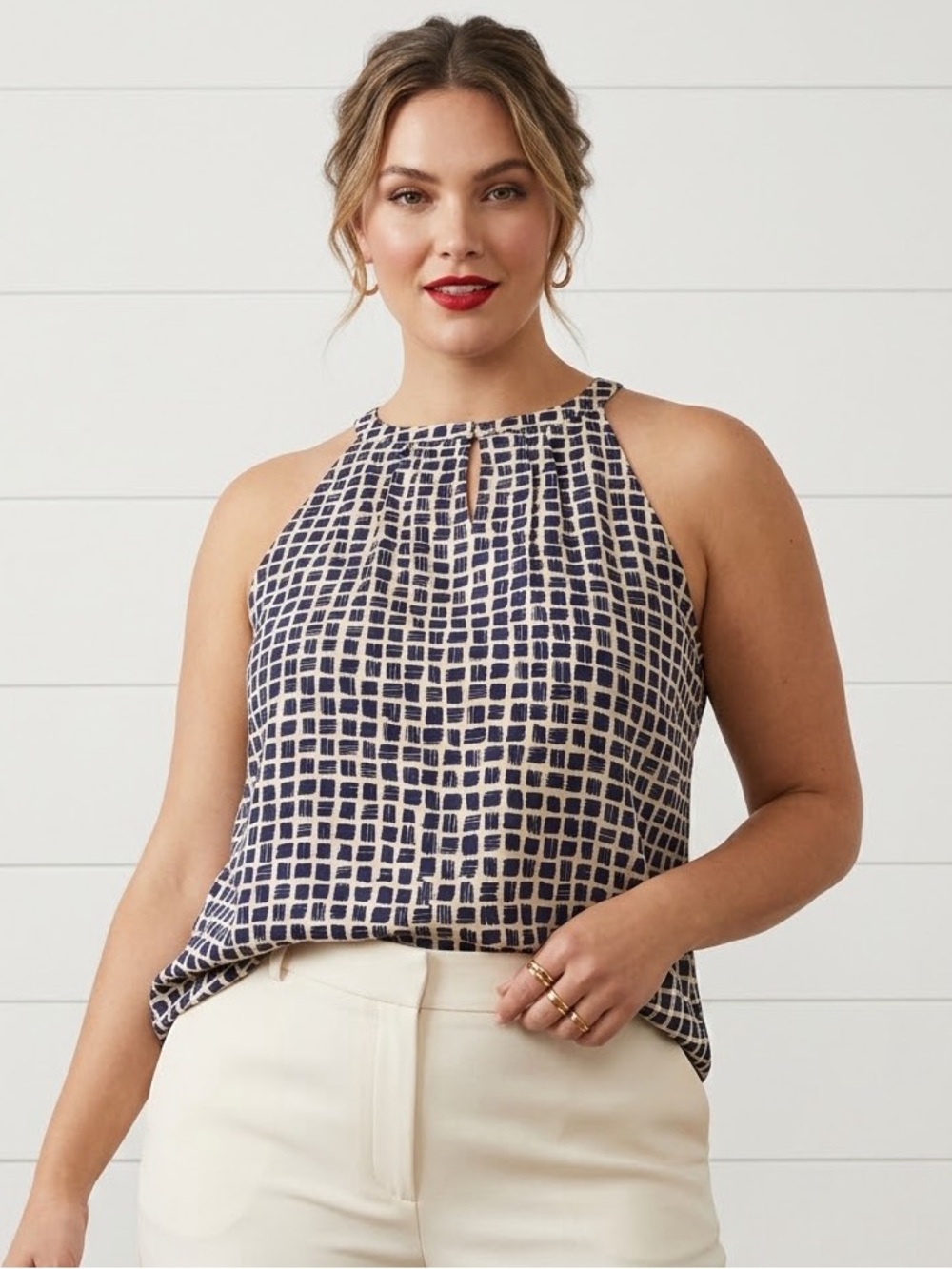 Martin + Osa 100% Silk Abstract Grid High Neck Halter Tank Blouse Navy Size 12
